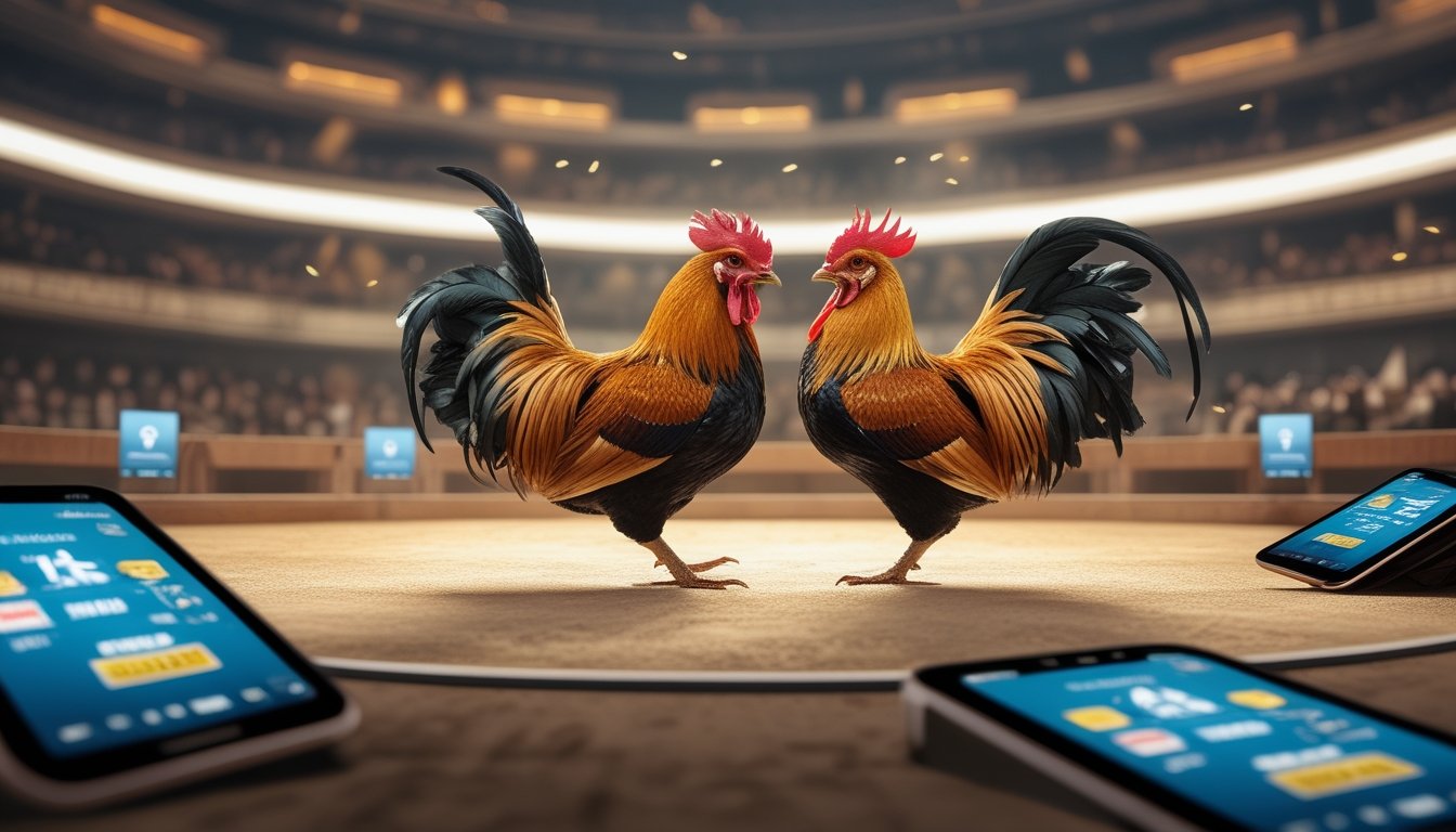 Dua ayam jago sedang bertarung di arena dengan penonton samar di latar belakang dan perangkat digital terlihat di sekitar.