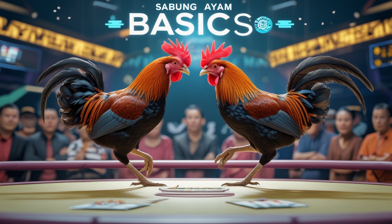 Dua ayam jago sedang bertarung di arena Sabung Ayam dengan penonton yang memperhatikan di latar belakang.