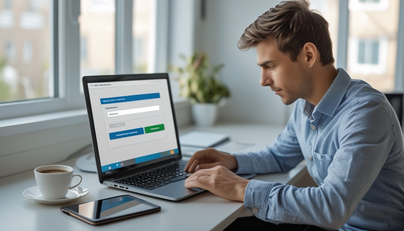 Seorang pria muda duduk di meja modern sambil mendaftar akun online menggunakan laptop di ruangan yang terang dan rapi.