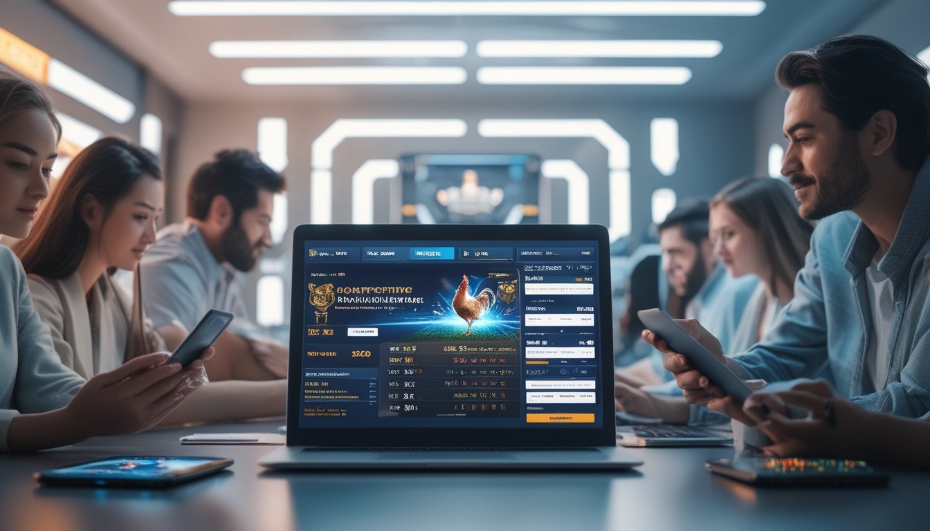 Orang-orang menggunakan perangkat digital untuk bertaruh dalam sabung ayam online di ruangan modern dengan pencahayaan futuristik.