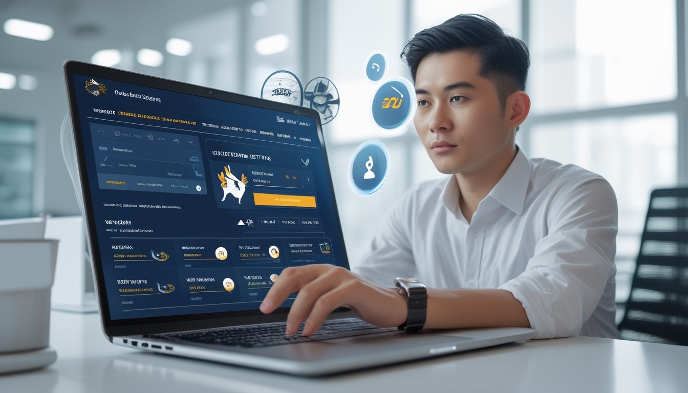 Seorang pria muda menggunakan laptop di ruang kerja modern dengan grafik digital yang melayang di sekitarnya, menunjukkan fitur platform sabung ayam online.