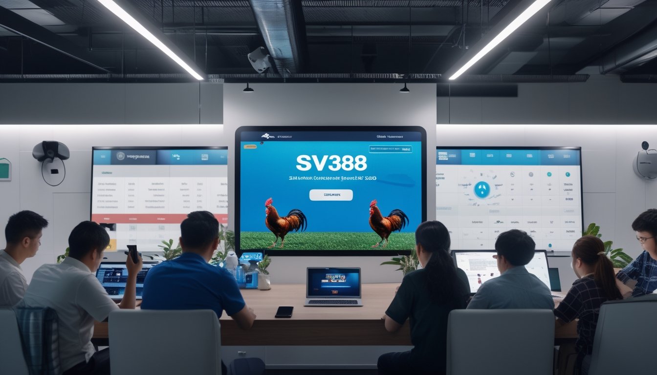 Orang-orang menggunakan perangkat digital di ruangan modern dengan layar aplikasi Sabung Ayam dan simbol layanan 24 jam.