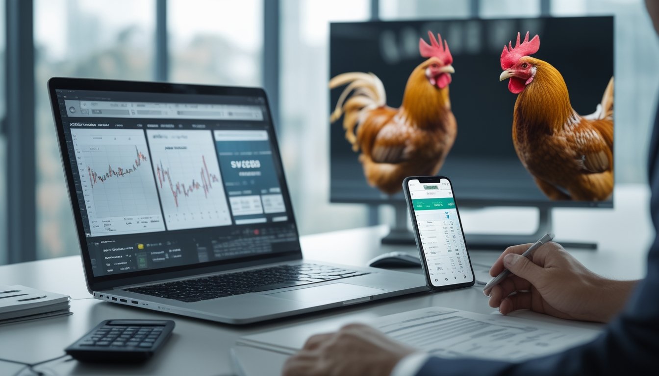 Seorang analis sedang bekerja dengan laptop, catatan, dan ponsel yang menampilkan data taruhan sabung ayam di sebuah meja kantor.