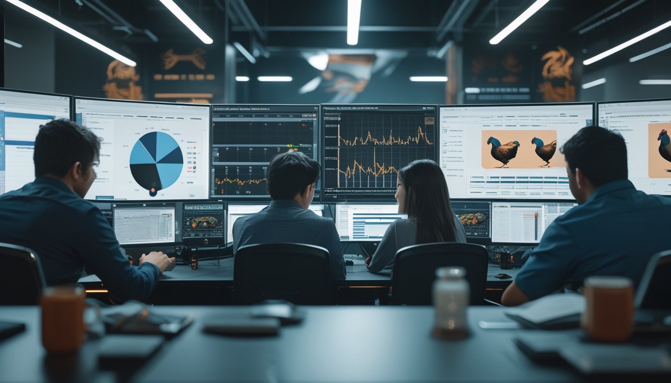 Sekelompok orang sedang menganalisis data dan berdiskusi di ruang kerja modern dengan layar komputer yang menampilkan grafik dan gambar ayam jago.