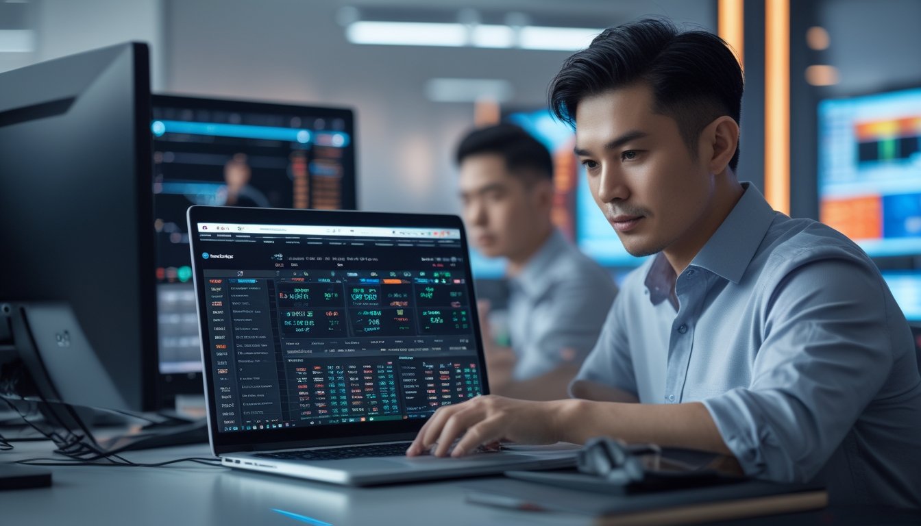 Seorang pria Asia Tenggara duduk di meja kantor modern sambil melihat layar laptop dengan data dan grafik, dikelilingi perangkat teknologi.