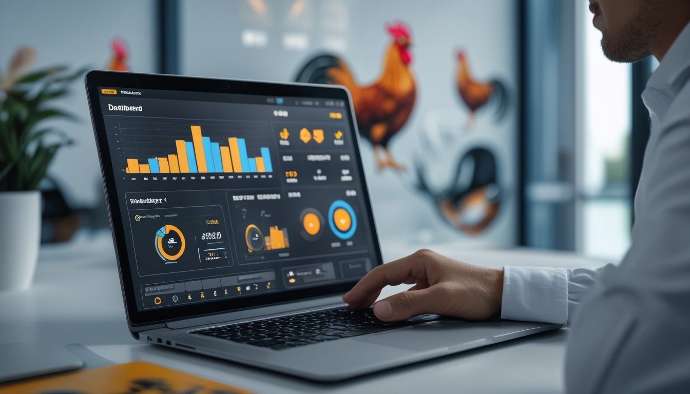 Seorang profesional menggunakan laptop dengan tampilan antarmuka platform digital di kantor yang terang dan rapi.