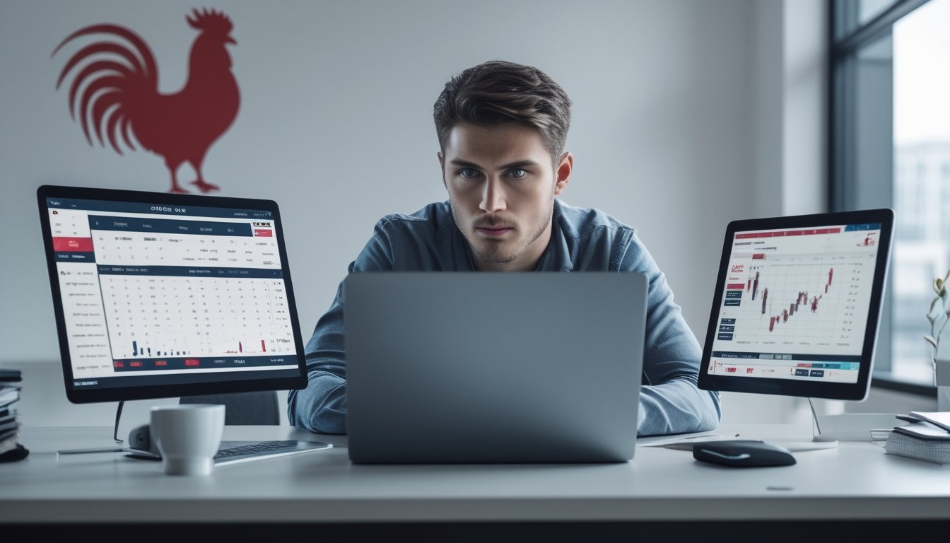 Seorang pria muda duduk di meja dengan perangkat digital, memantau grafik keuangan dan platform taruhan sabung ayam secara online.