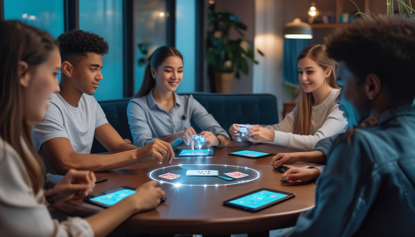 Sekelompok orang muda bermain poker di meja kayu dalam ruangan yang nyaman dengan perangkat digital dan suasana yang aman dan privat.