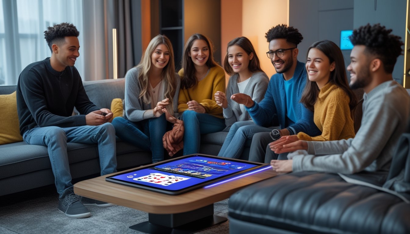 Sekelompok orang muda bermain strip poker online bersama di ruang tamu modern dengan perangkat digital futuristik di atas meja.