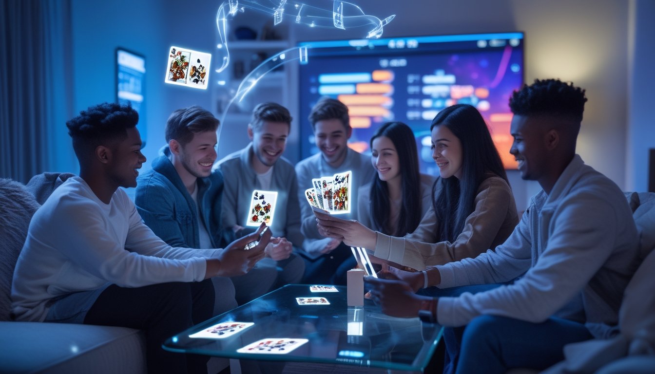 Sekelompok orang muda bermain poker online bersama di ruang tamu modern dengan kartu holografik dan perangkat digital.