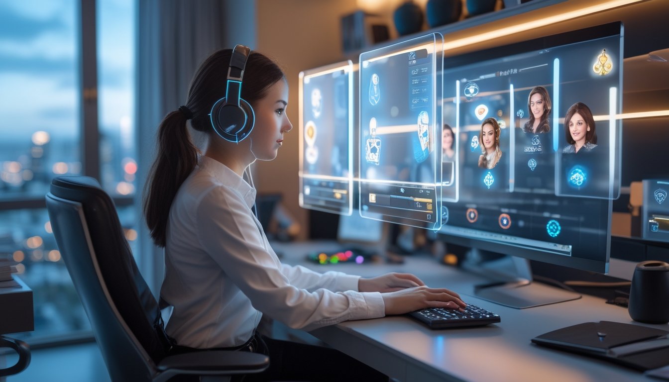 Seorang wanita muda duduk di meja dengan layar holografik yang menampilkan permainan poker virtual, di ruangan modern dengan pencahayaan lembut dan pemandangan kota di latar belakang.