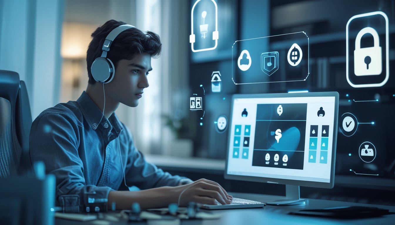 Seorang dewasa muda duduk di meja dengan laptop, menggunakan headphone, terlihat fokus dan nyaman dalam suasana ruangan modern yang menunjukkan keamanan dan privasi saat bermain game online.
