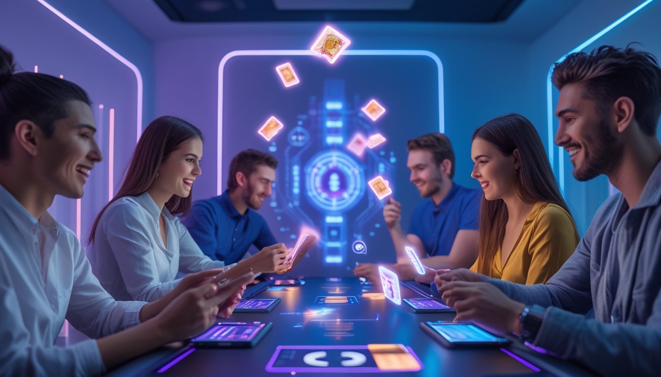 Beberapa orang muda bermain poker online di perangkat digital dengan antarmuka futuristik dan lampu neon di ruangan modern.