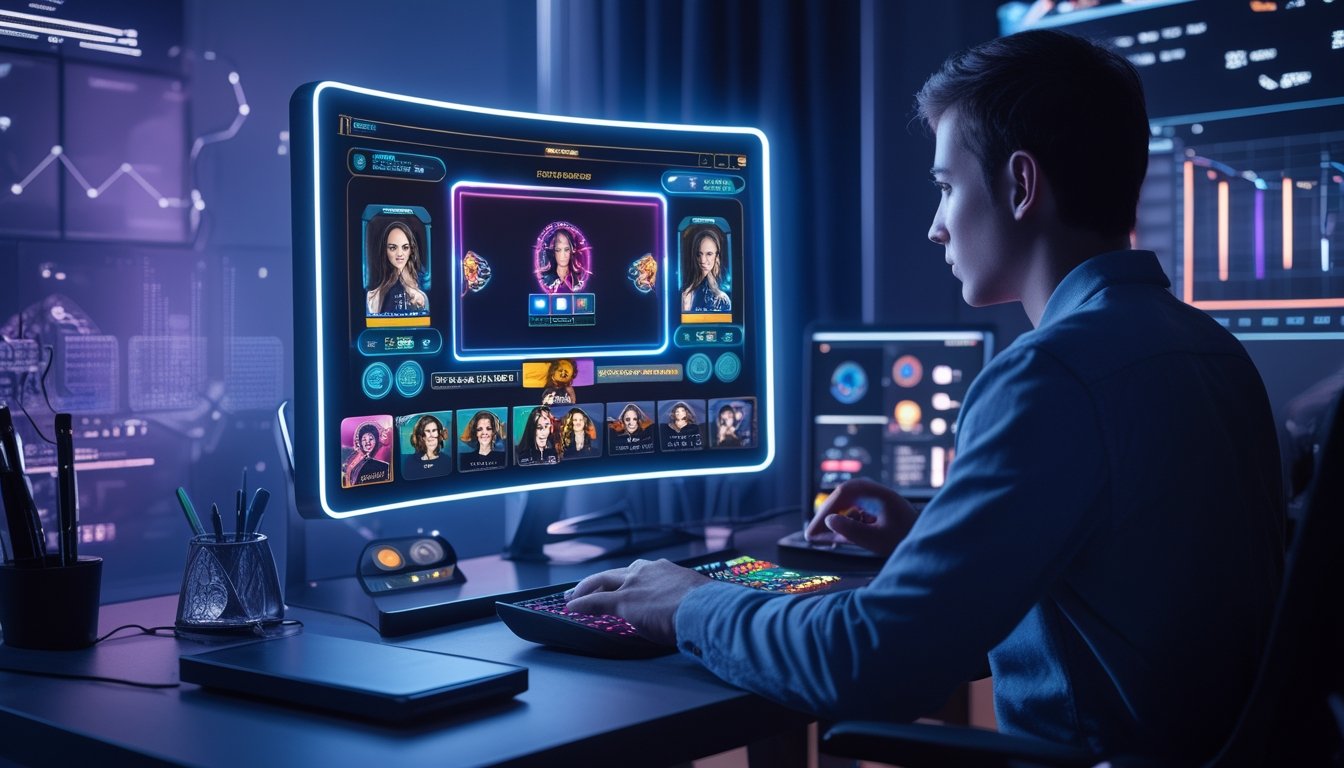 Seseorang menggunakan komputer dengan tampilan permainan poker online modern di ruang kerja berteknologi tinggi.