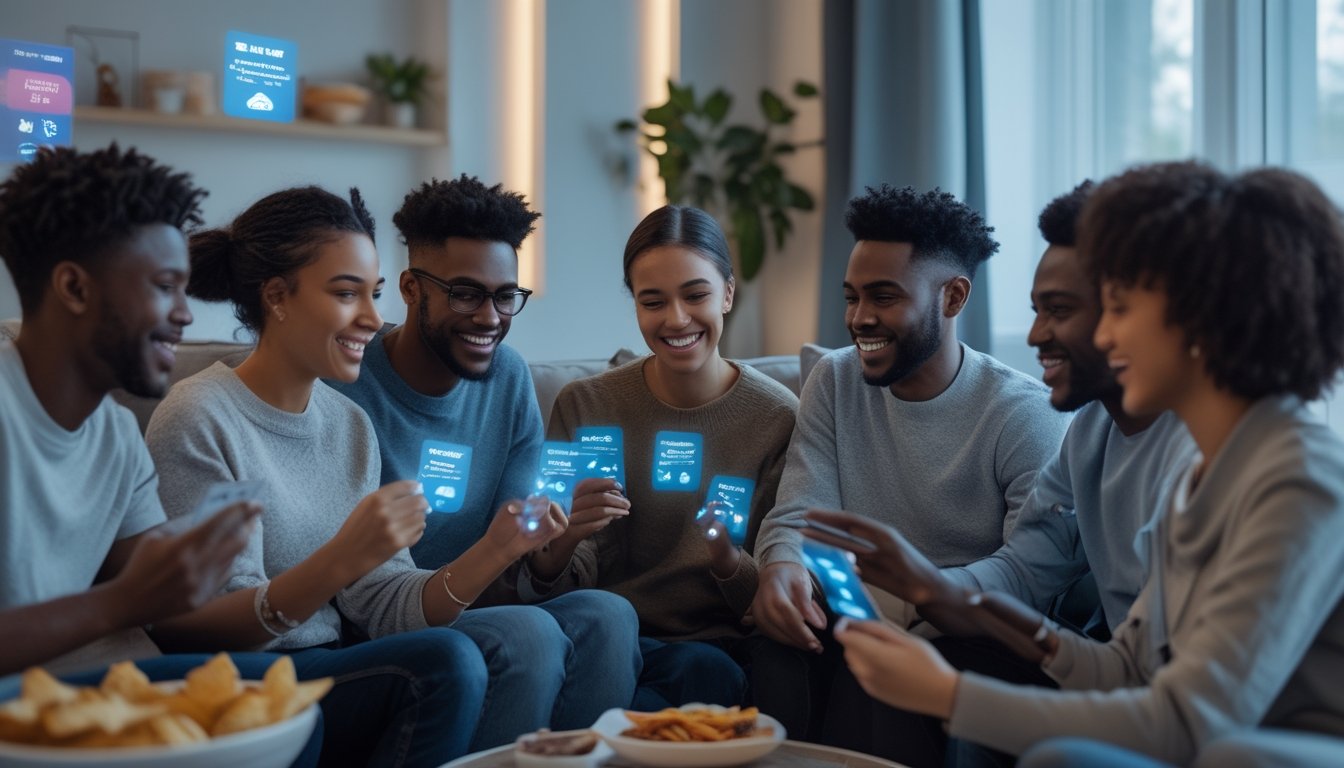 Sekelompok orang muda sedang bermain permainan kartu online bersama di ruang tamu modern dengan suasana santai dan ceria.
