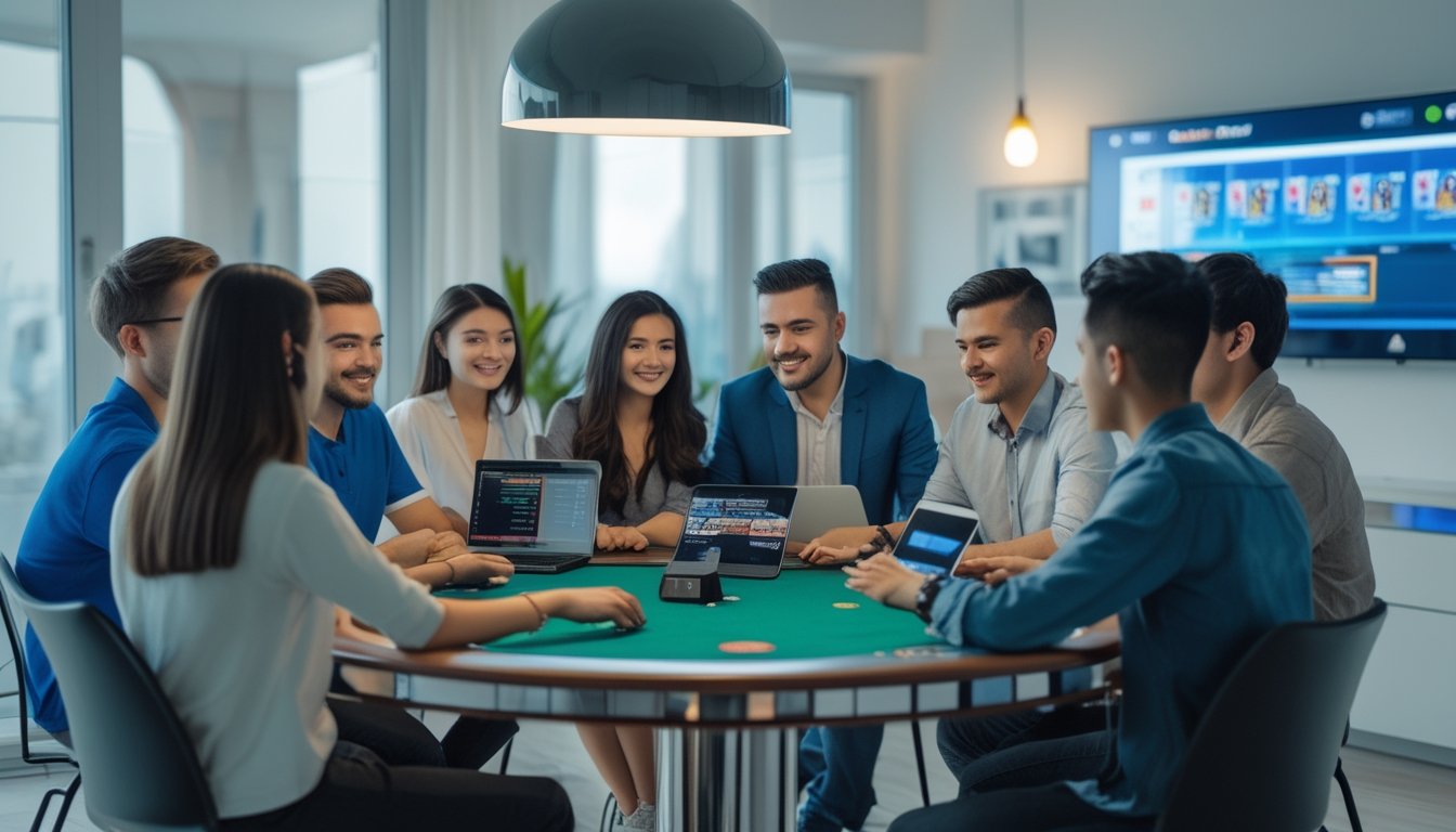 Sekelompok orang muda bermain poker online bersama di sekitar meja dengan laptop dan tablet dalam ruangan terang dan rapi.