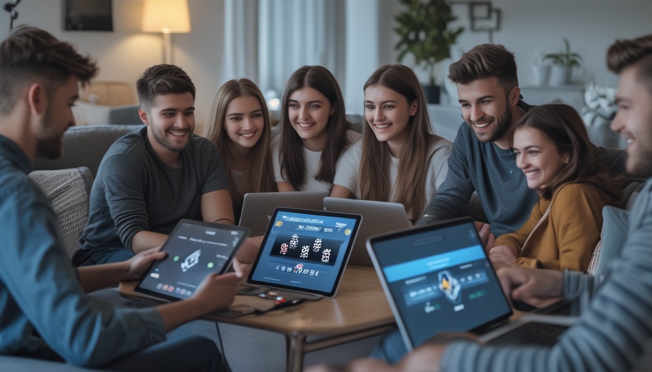 Sekelompok orang muda sedang bermain poker online bersama di ruang tamu modern dengan perangkat digital.