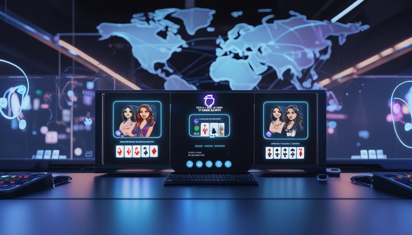 Sebuah ruang permainan modern dengan beberapa layar menampilkan permainan strip poker online dan elemen teknologi canggih di latar belakang.