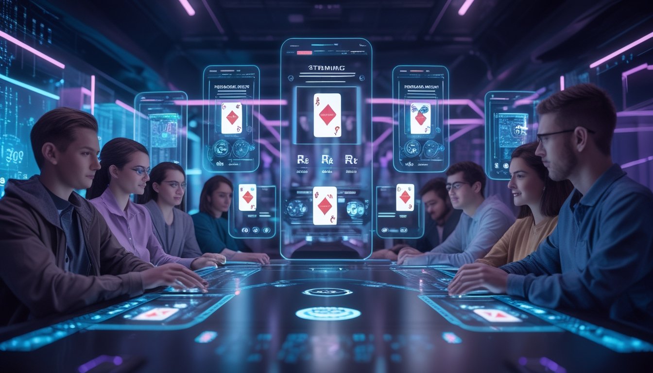 Sekelompok orang muda menggunakan teknologi canggih untuk bermain poker online dengan tampilan layar digital dan elemen teknologi futuristik.