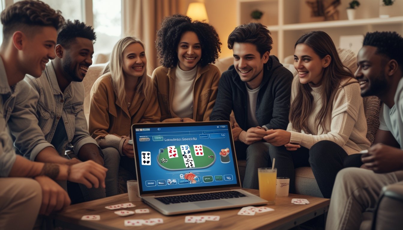 Sekelompok orang muda duduk santai di ruang tamu modern, bermain poker online bersama dengan laptop dan kartu remi di atas meja.