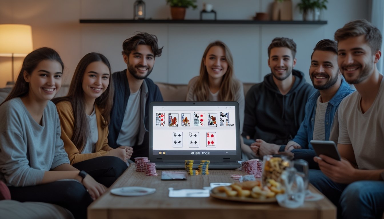 Sekelompok orang muda sedang bermain poker online dengan suasana santai di ruang tamu.