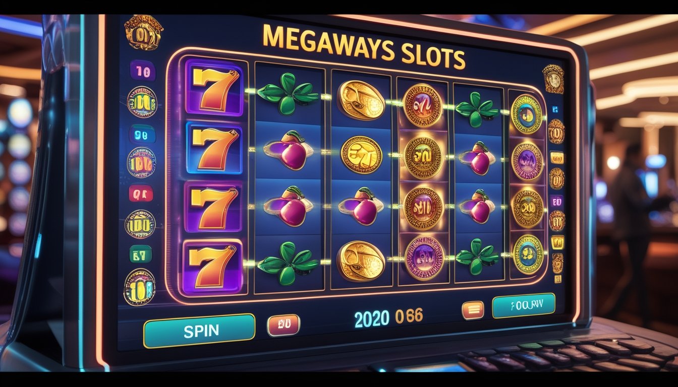 Mesin slot digital modern dengan beberapa gulungan berwarna-warni di dalam lingkungan kasino yang terang.