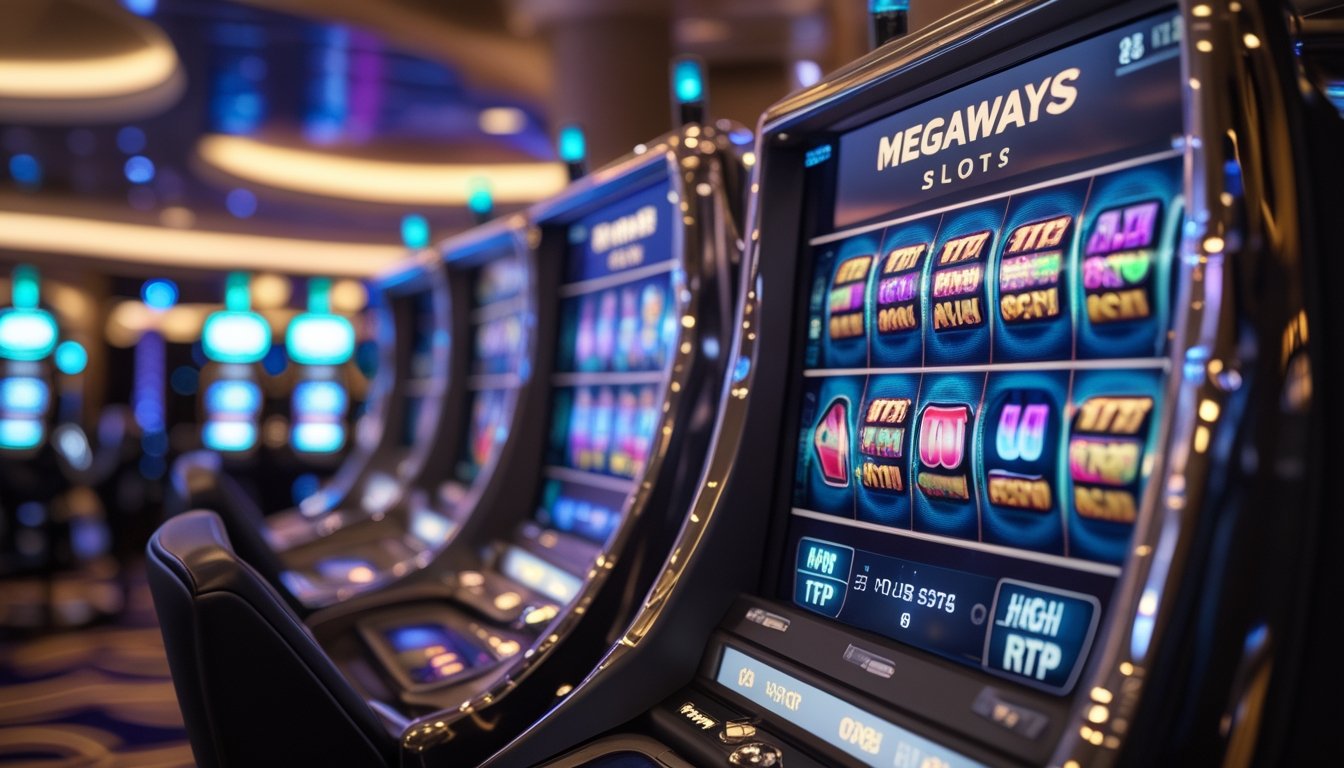 Mesin slot digital berwarna-warni di dalam kasino modern dengan pencahayaan hangat dan suasana yang menarik.