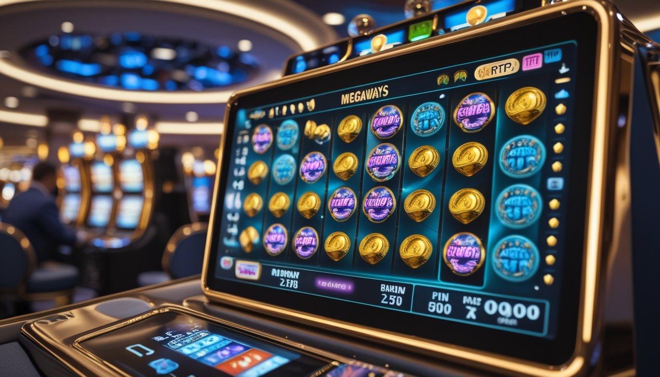Suasana kasino modern dengan mesin slot Megaways yang menampilkan grafik permainan yang hidup dan berwarna-warni, dengan latar belakang samar mesin slot lain dan pemain yang sedang bermain.