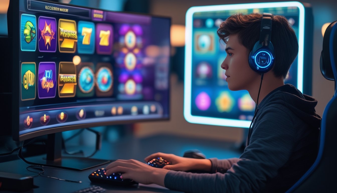 Seorang pemain muda fokus bermain game Megaways slots di depan komputer dengan layar menampilkan gulungan slot berwarna-warni.