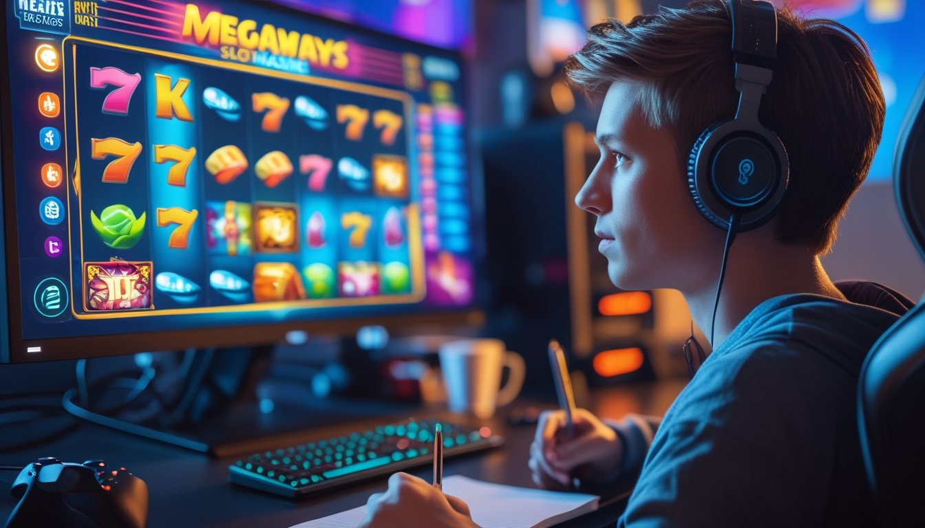 Seorang pemain muda fokus bermain game slot Megaways di depan komputer dengan suasana ruangan yang nyaman.