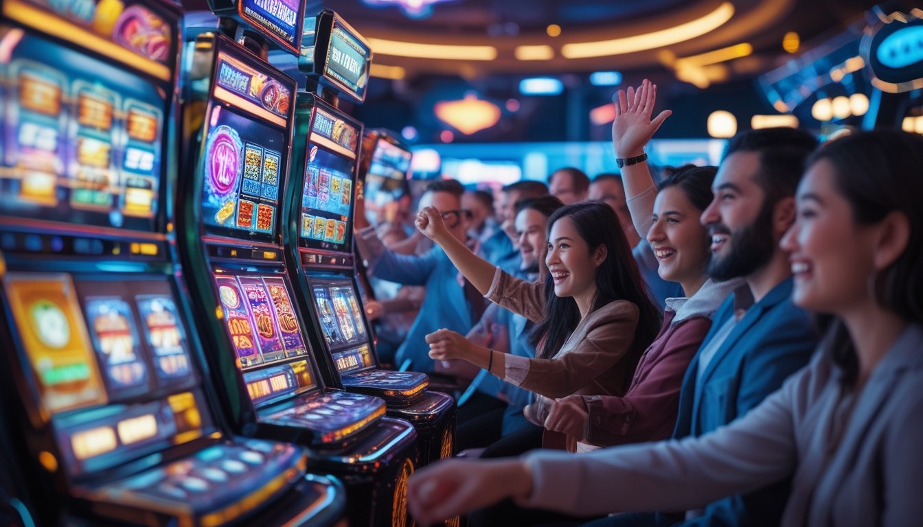 Suasana kasino futuristik dengan mesin slot digital berwarna-warni dan pemain yang antusias menikmati permainan.