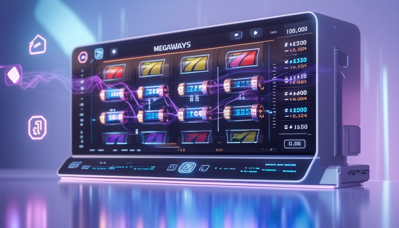 Gambaran mesin slot digital futuristik dengan banyak gulungan dan garis pembayaran yang terhubung, menunjukkan inovasi dalam permainan slot online.