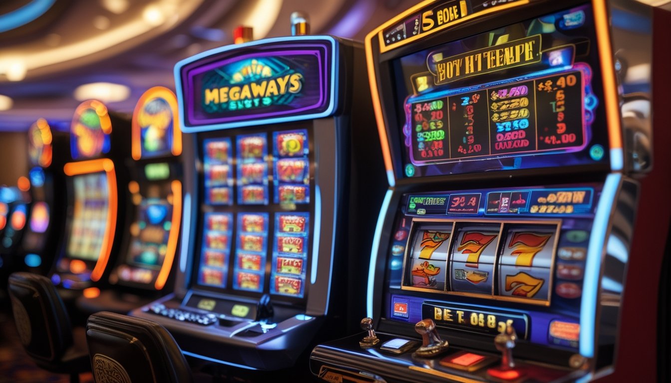 Dua mesin slot berdampingan di lantai kasino, satu mesin Megaways modern dengan banyak gulungan dan satu mesin slot klasik dengan tiga gulungan tradisional.
