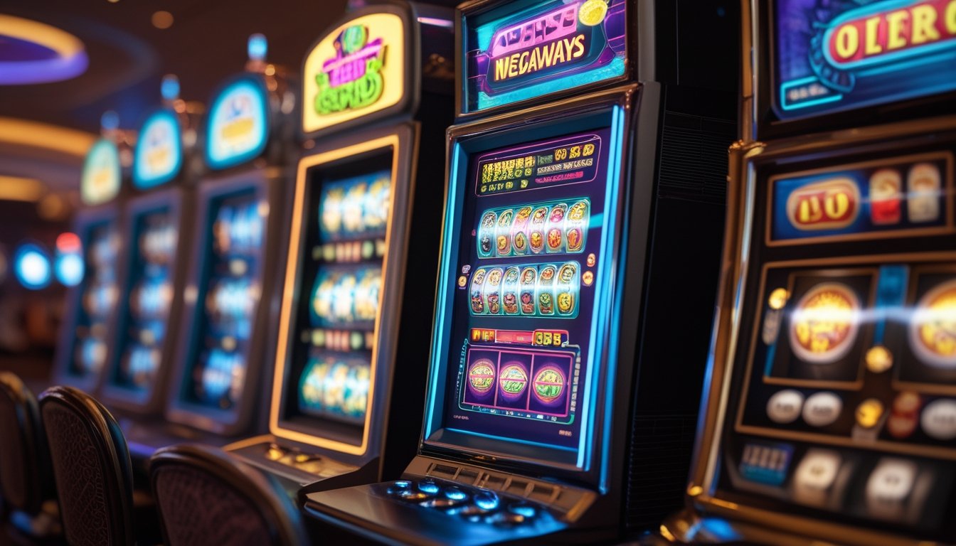Dua mesin slot berdampingan di kasino, satu dengan tampilan digital modern dan satu lagi dengan desain klasik mekanik.