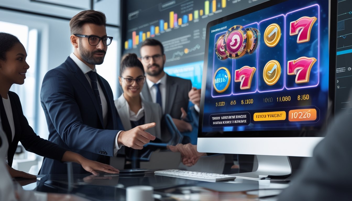 Sekelompok orang sedang berdiskusi di depan layar komputer yang menampilkan grafik mesin slot Megaways dengan ikon bonus.