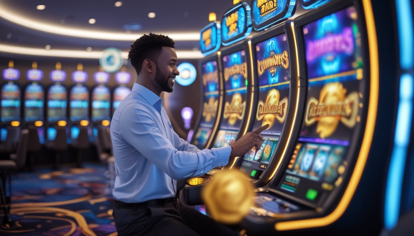 Seorang pria sedang bermain mesin slot digital di kasino modern dengan suasana cerah dan simbol bonus di latar belakang.