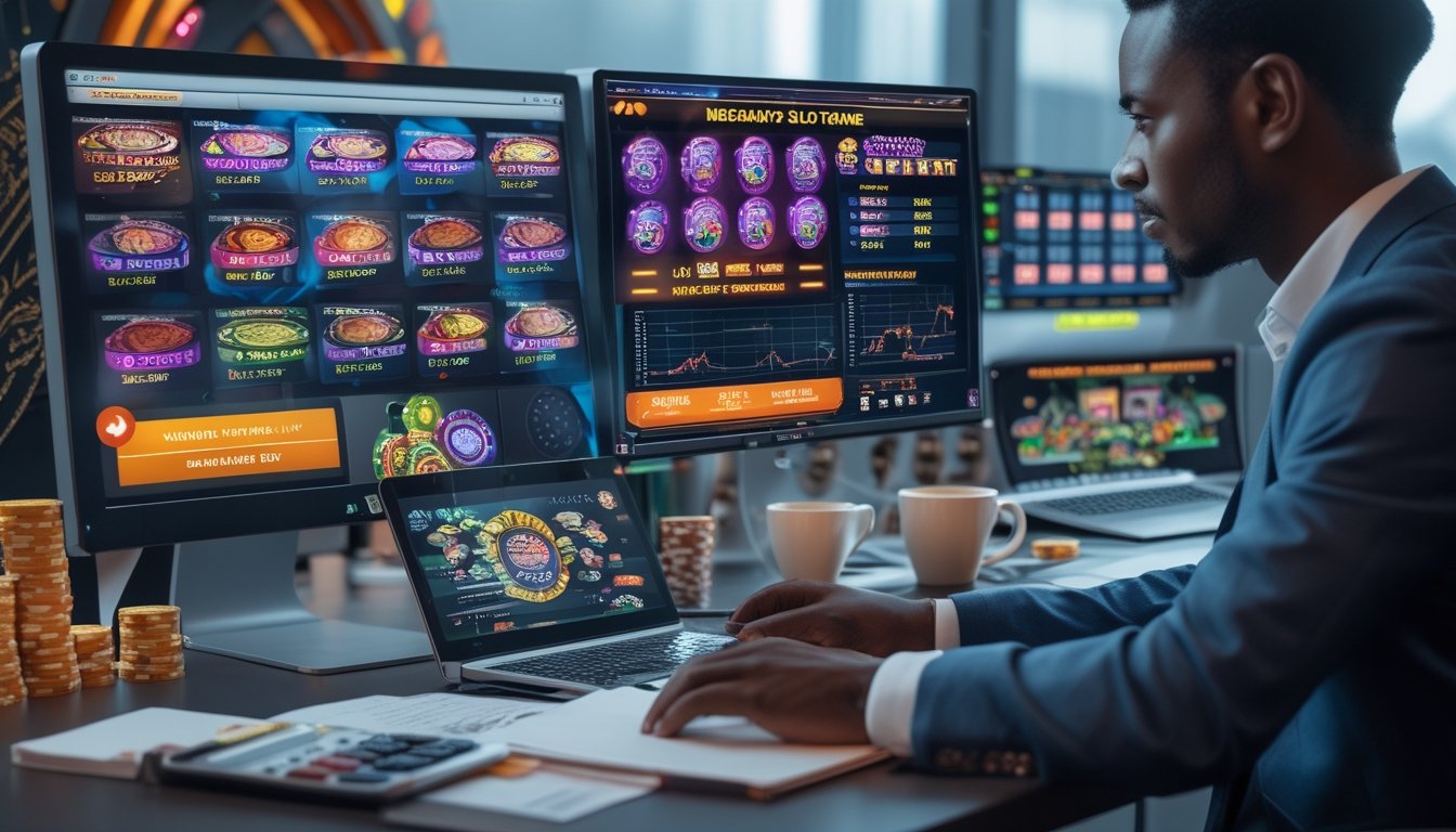 Seseorang sedang menganalisis data keuangan di depan beberapa layar komputer dengan grafik dan gambar mesin slot di sebuah kantor modern.