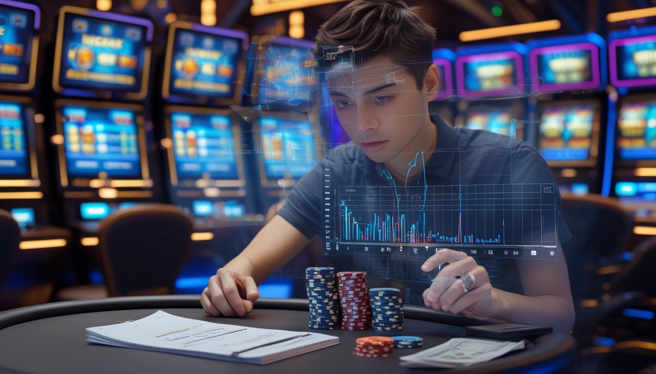 Seorang pria sedang menganalisis mesin slot Megaways dengan grafik dan chip poker di meja dalam suasana kasino.