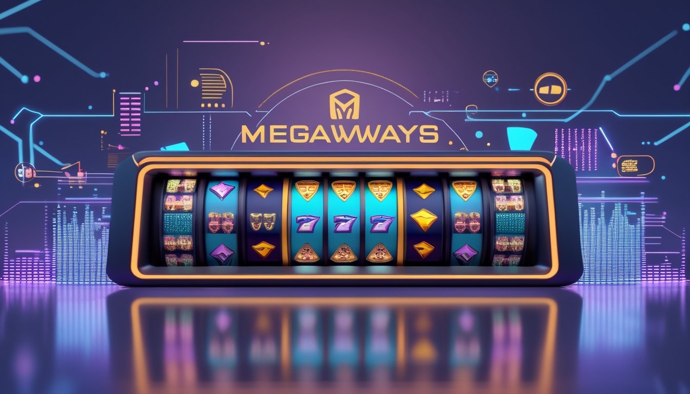 Tampilan antarmuka digital modern dengan mesin slot Megaways yang inovatif dan elemen teknologi futuristik di latar belakang.