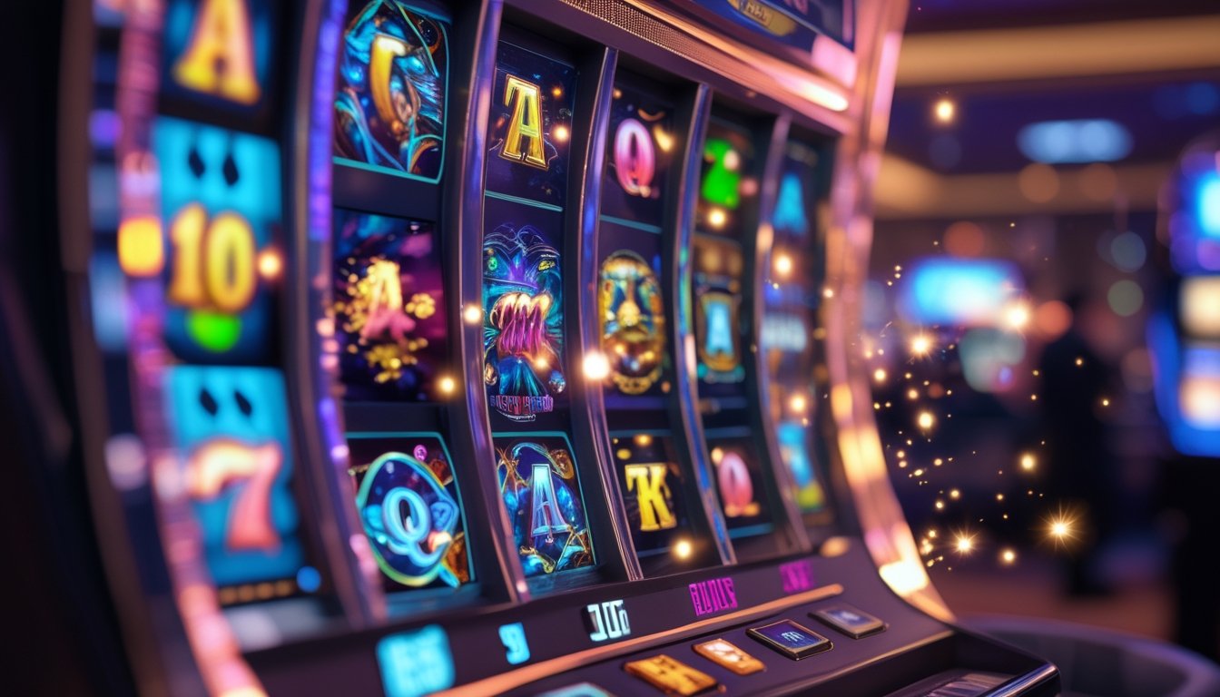 Gambaran mesin slot digital dengan gulungan berwarna-warni yang bergerak turun secara berantai di dalam lingkungan kasino.