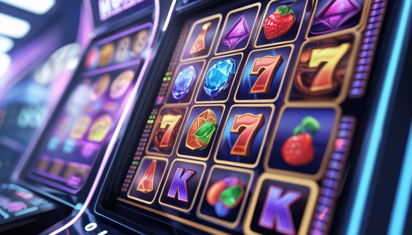 Tampilan dekat mesin slot digital dengan gulungan berwarna-warni yang jatuh secara berurutan, menunjukkan fitur cascading reels pada permainan Megaways.
