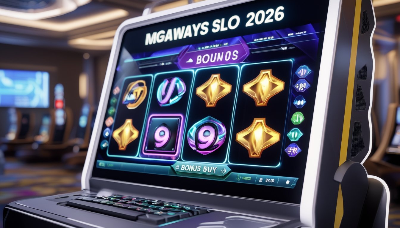 Mesin slot modern dengan layar digital menampilkan simbol warna-warni dan animasi fitur bonus di dalam kasino yang terang dan futuristik.