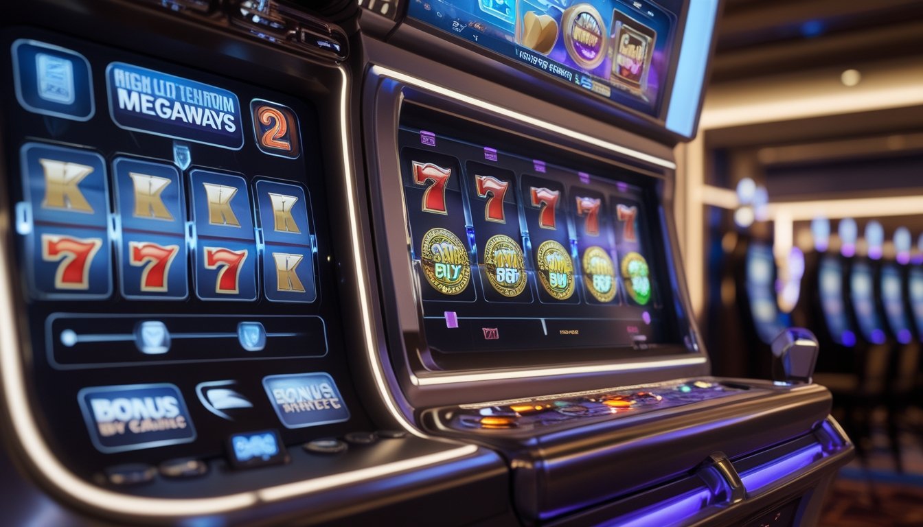 Mesin slot Megaways modern dengan tampilan futuristik dan ikon fitur bonus di latar kasino.