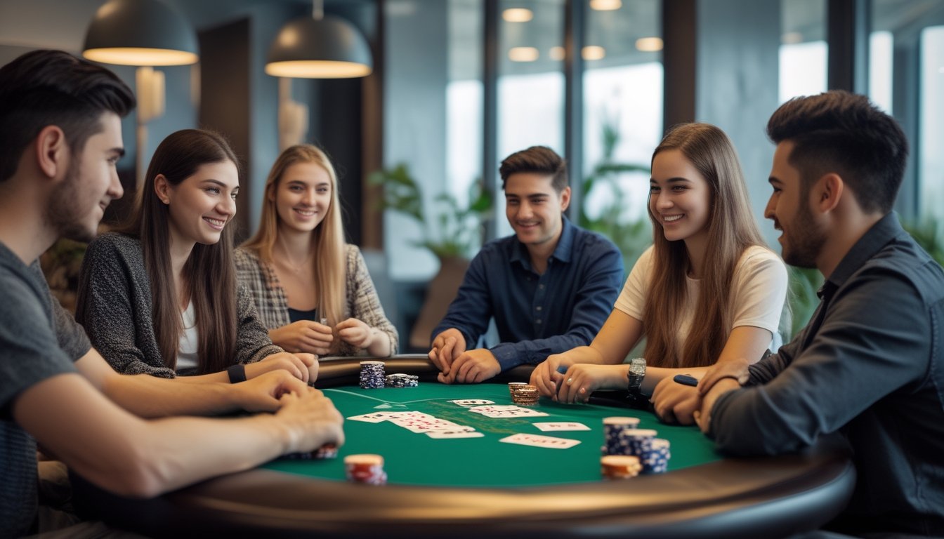 Beberapa orang muda bermain poker di meja dengan kartu dan chip poker di ruangan modern.