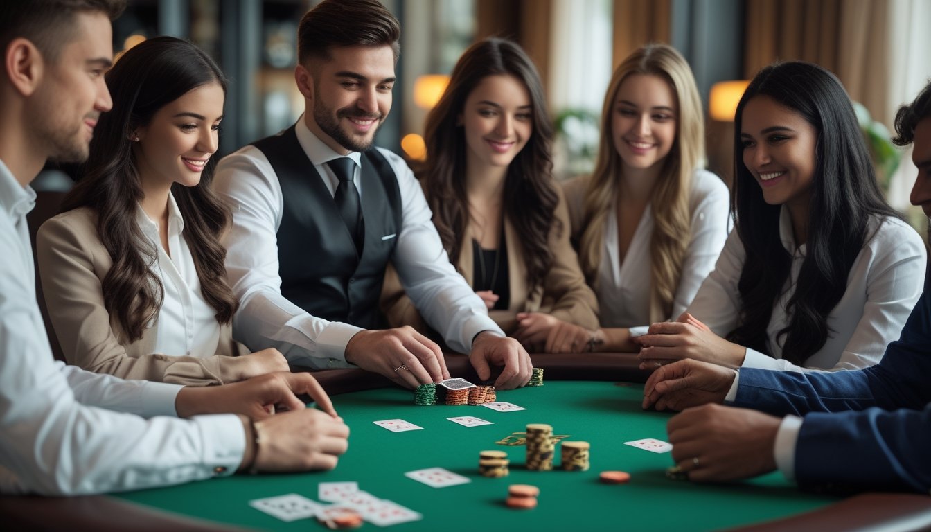 Beberapa orang bermain poker di meja hijau dengan chip dan kartu, suasana hangat dan fokus.