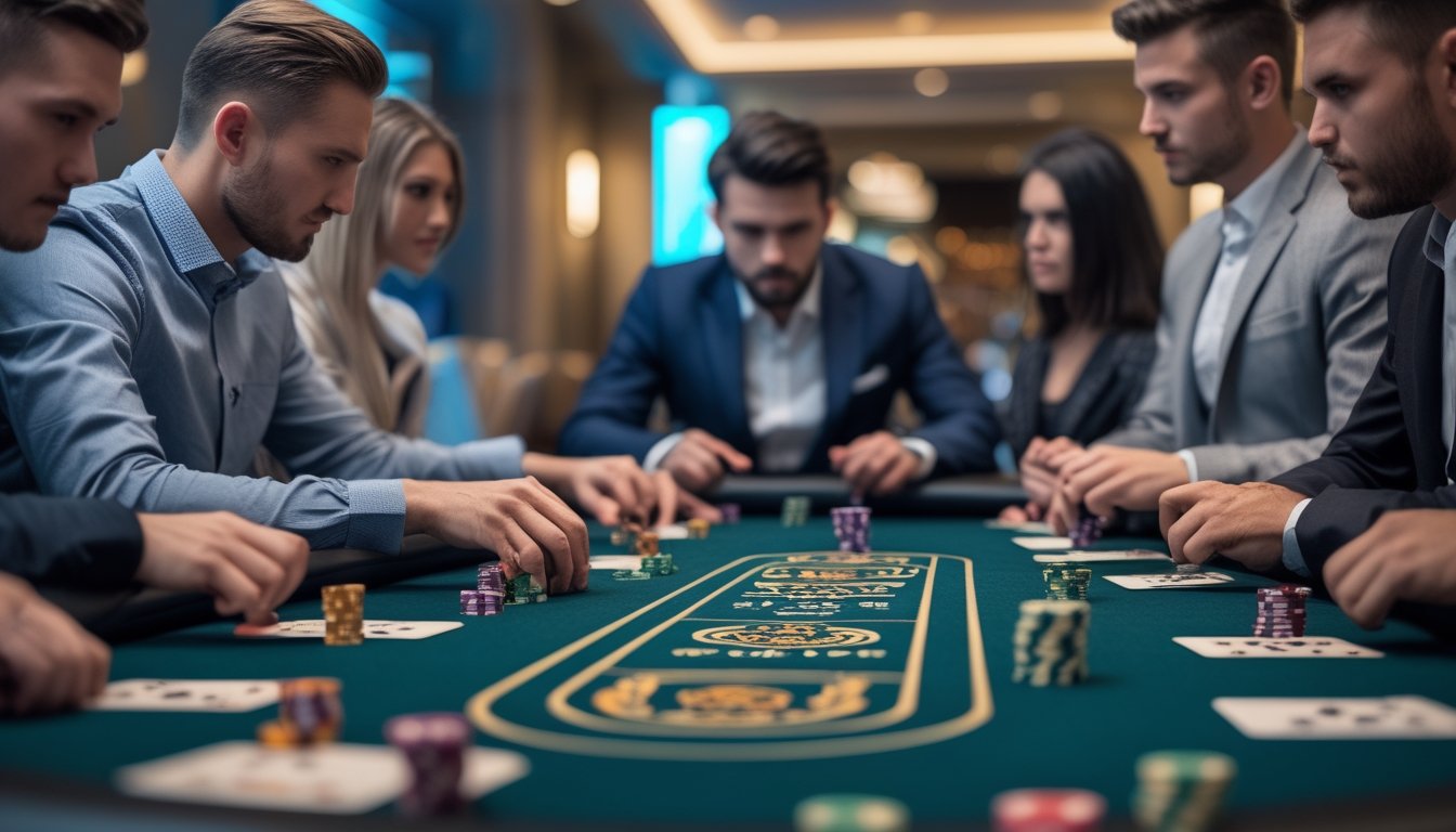 Beberapa pemain poker serius duduk di sekitar meja poker dengan chip dan kartu, sedang fokus bermain dalam suasana kasino yang mewah.