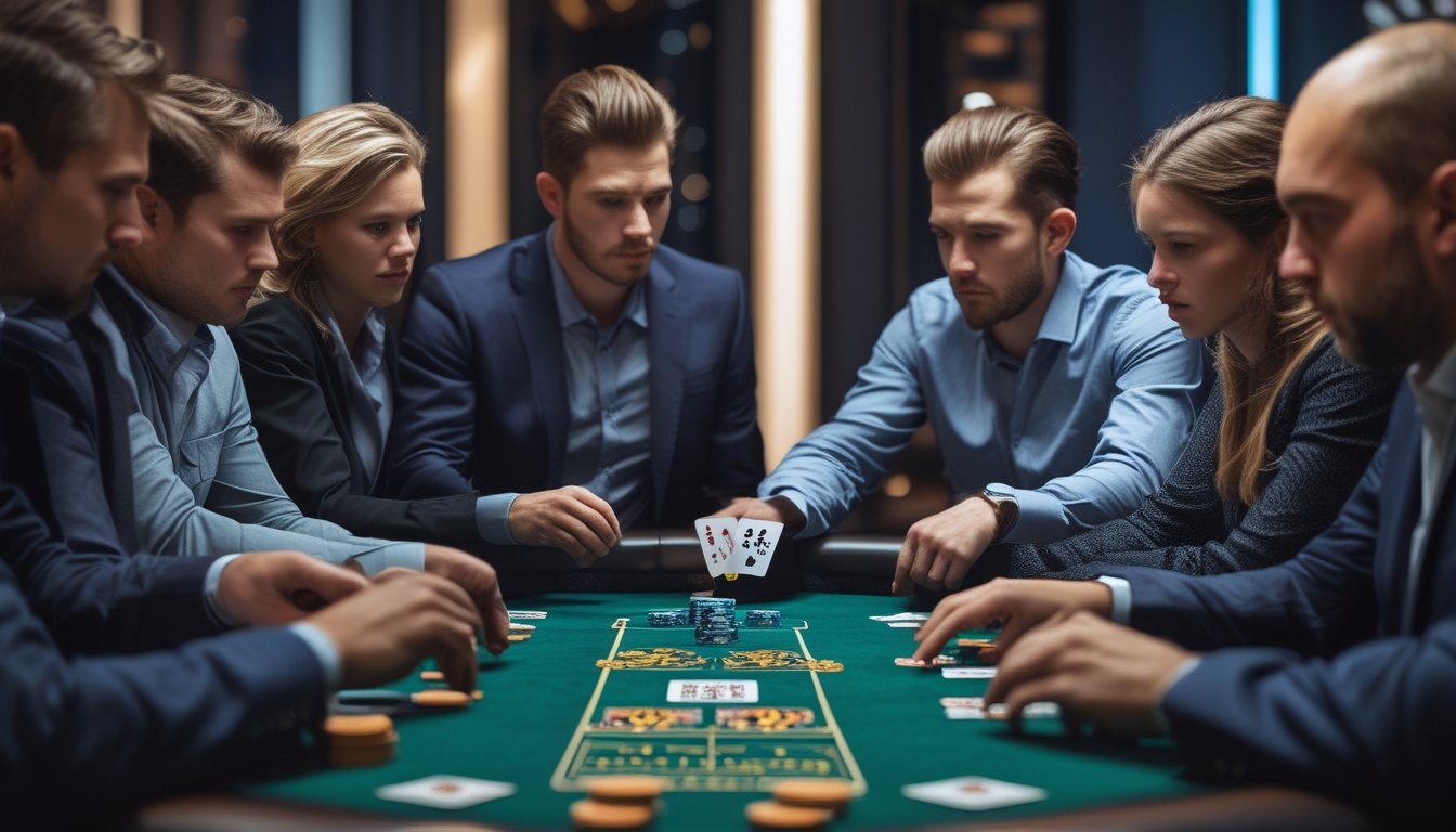 Beberapa pemain poker serius duduk di sekitar meja poker dengan kartu dan chip, sedang bermain permainan poker di kasino.