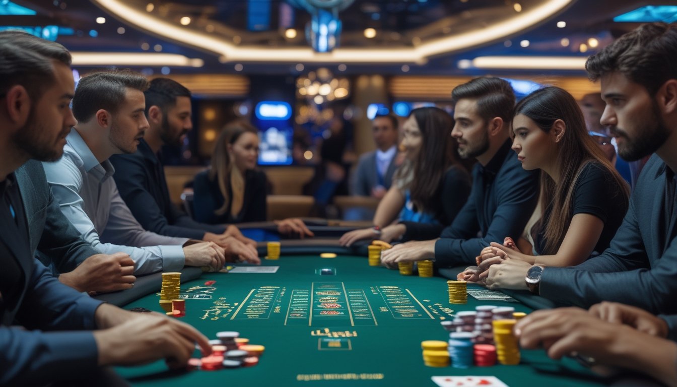 Sekelompok pemain poker serius sedang bermain di meja poker di kasino modern dengan suasana penuh konsentrasi.