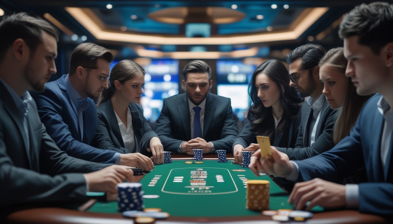 Sekelompok pemain poker serius duduk di sekitar meja poker dengan tumpukan chip dan kartu, di dalam kasino modern dengan pencahayaan hangat.