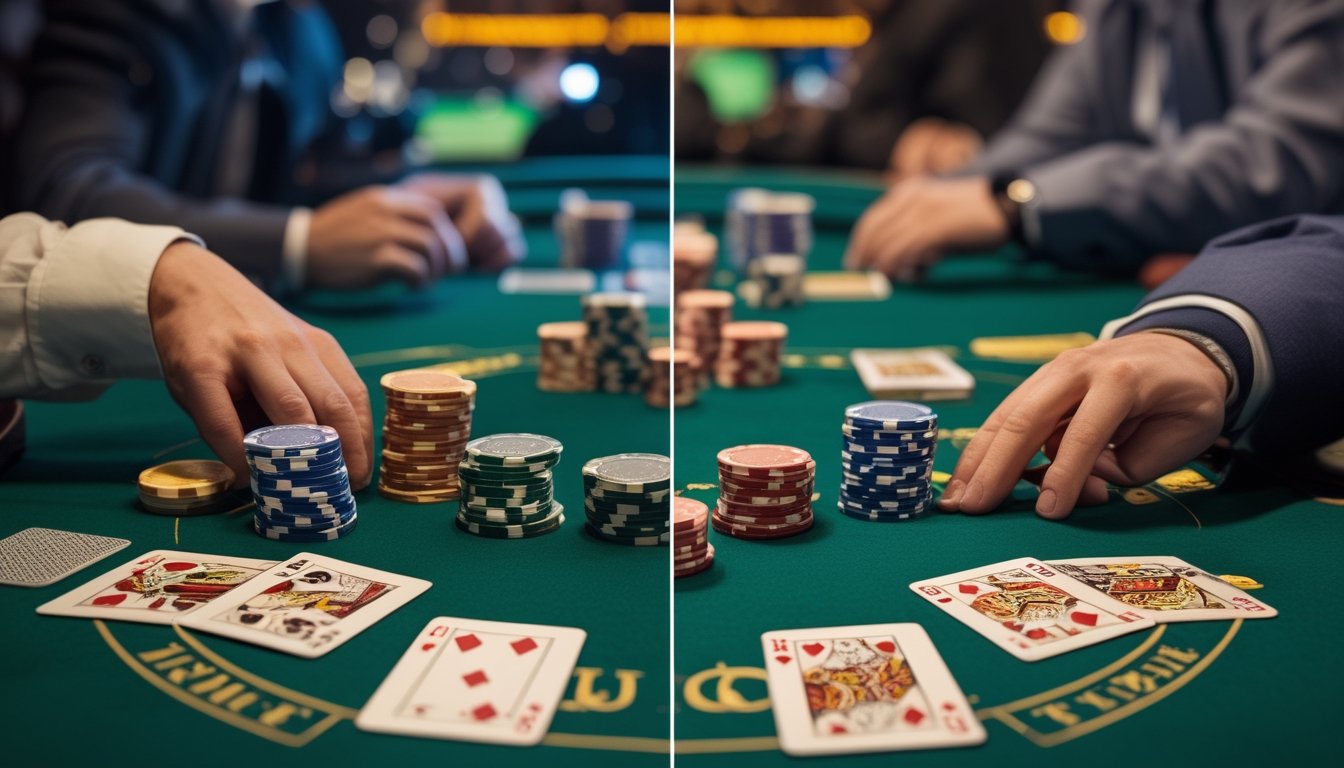 Meja poker dengan dua pengaturan kartu yang berbeda untuk permainan Irish Poker dan Texas Hold'em, dengan tumpukan chip dan kartu yang terlihat jelas.